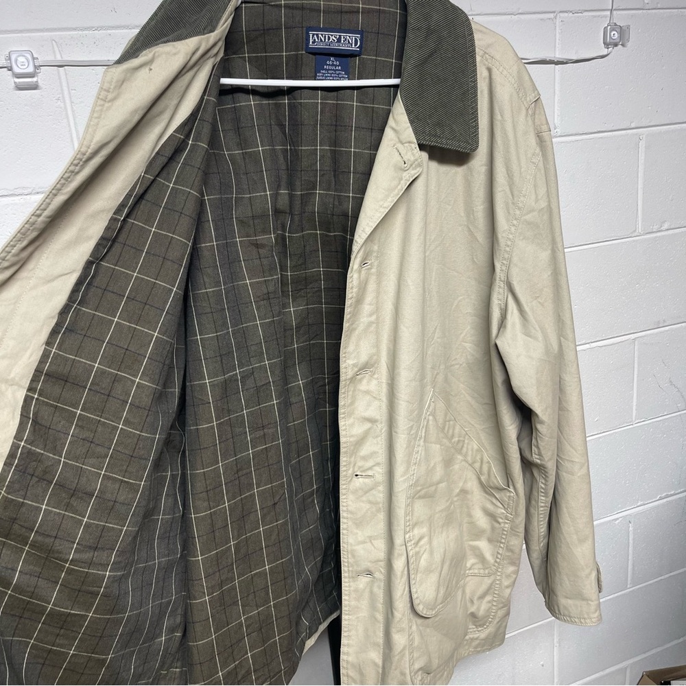 Lands’ End Tan Field Jacket Coat Corduroy Collar Plaid Lined Men’s XL 46–48 - Picture 4 of 12
